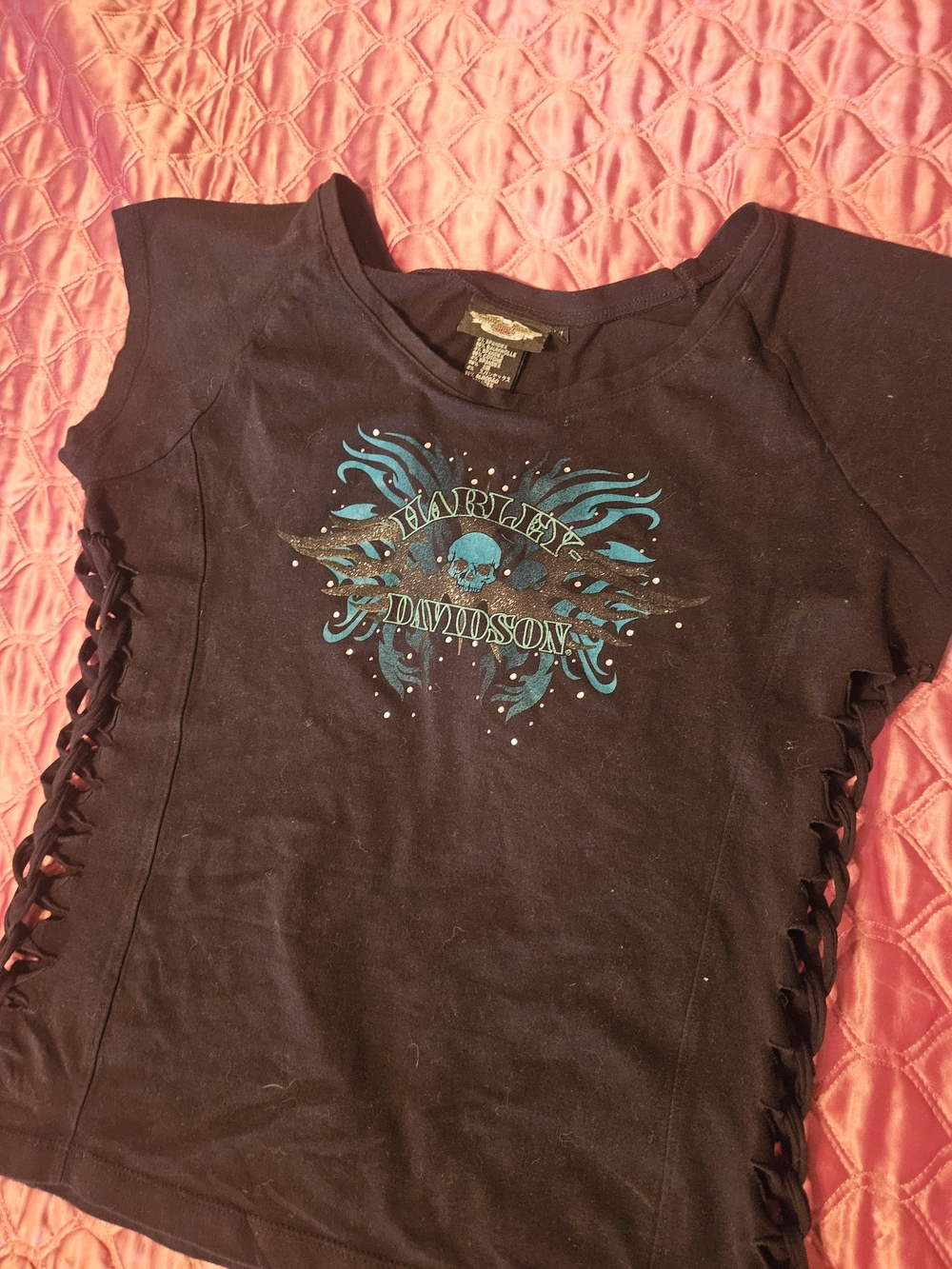 Harley-Davidson Rhinestone Skull Lace-Up Side Top